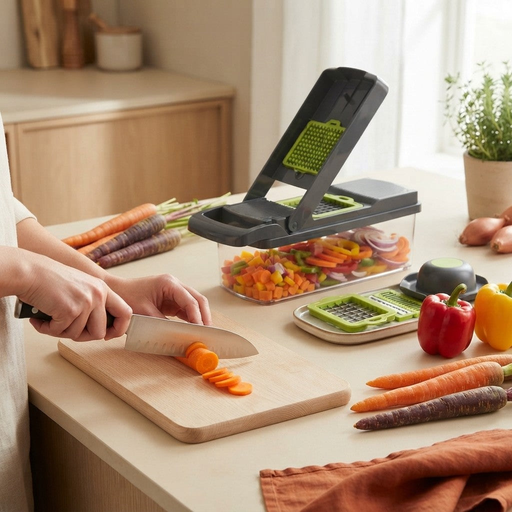Skærer friske grøntsager