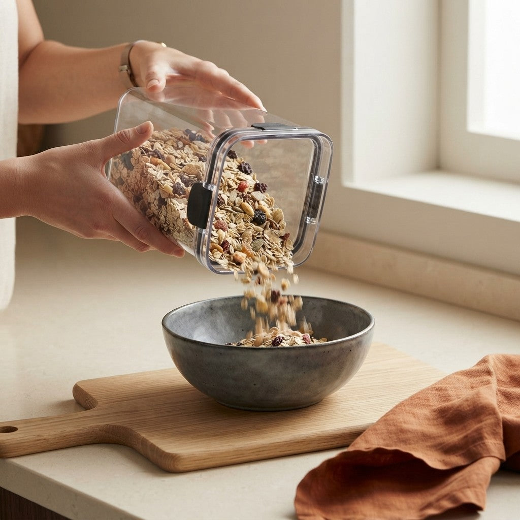 Hælder müsli fra opbevaringsbøtten